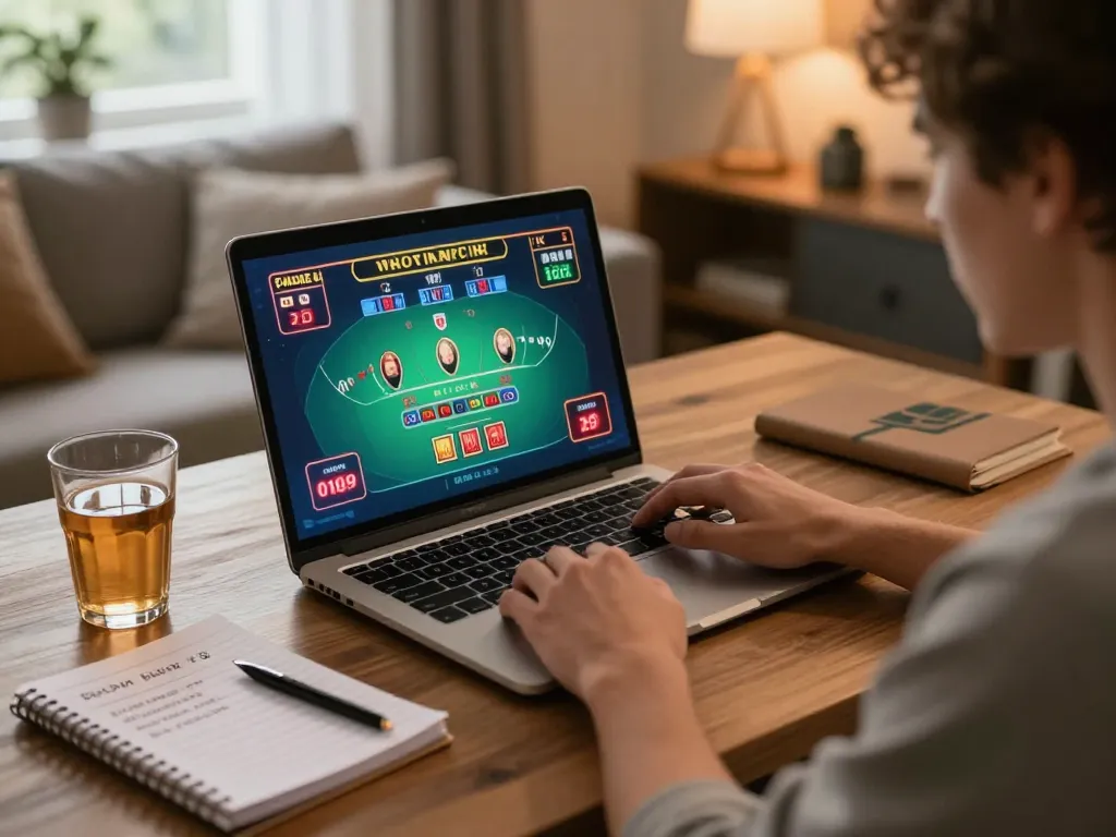 Player engaging with VIN88 live dealer blackjack on laptop in a cozy home office