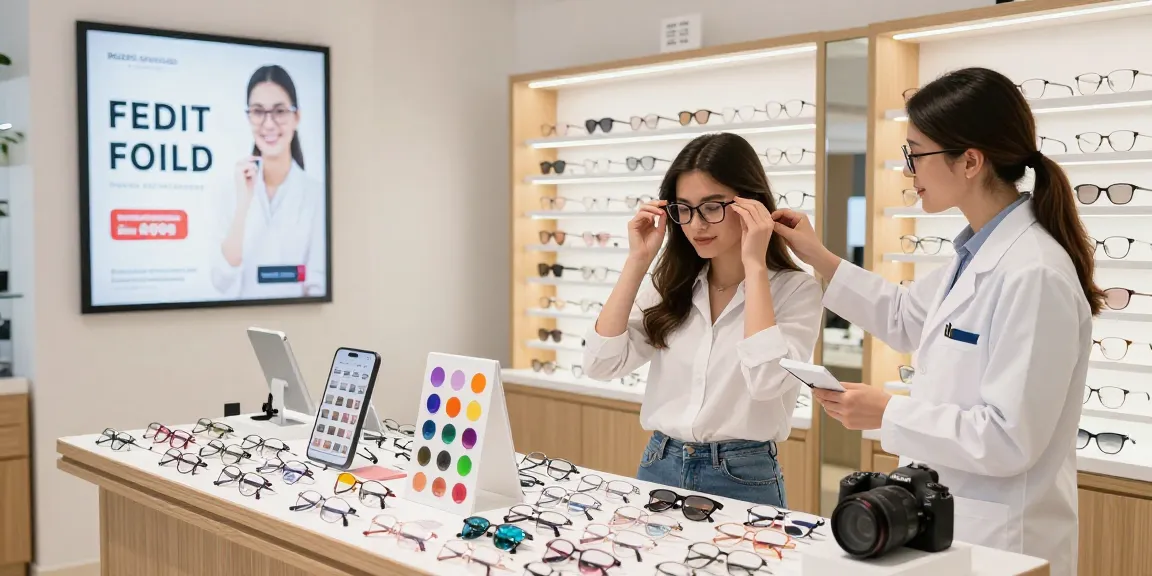 Experiência de compra em ótica online com mulheres experimentando óculos modernos.