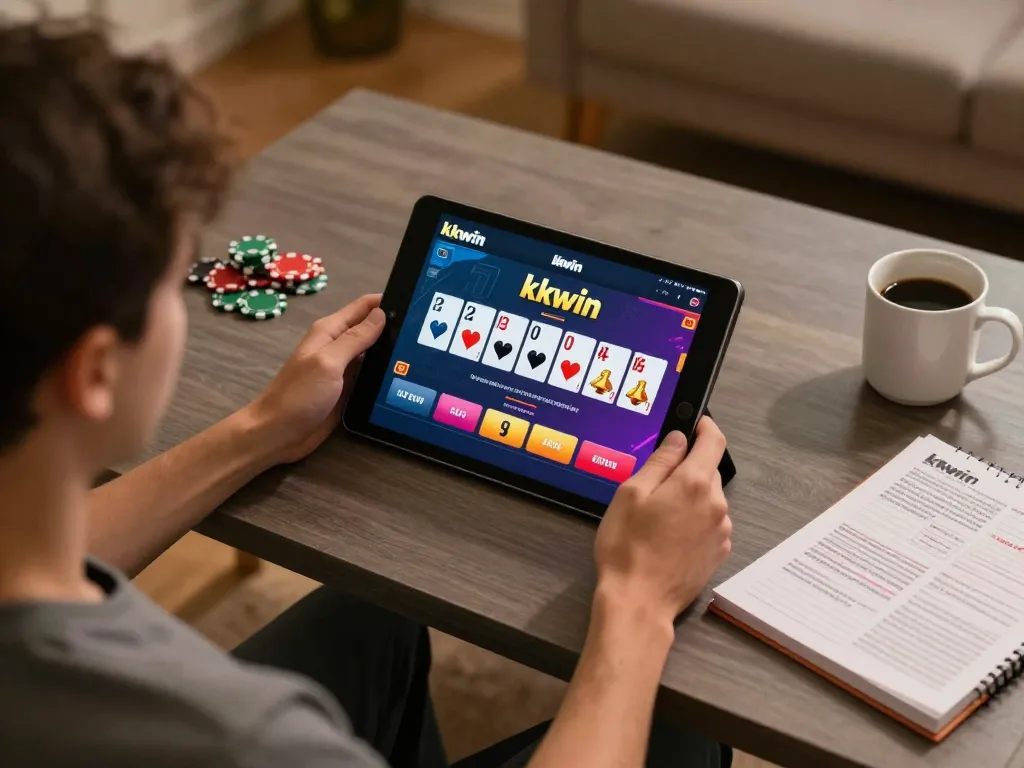 Player engaging with the kkwin app interface on a tablet in a warm home setting.