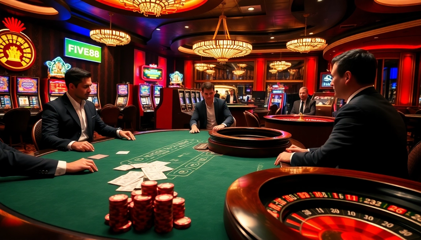 Experience the excitement of FIVE88 with a dynamic high-stakes poker scene and vibrant casino elements.