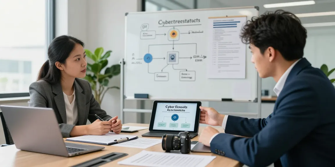 Business meeting discussing cyber essentials accreditation in a modern office