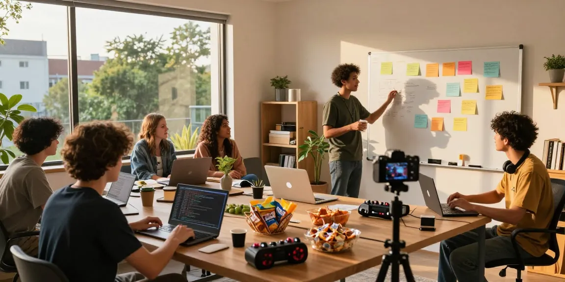 Inside Streamer University showing diverse creators collaborating on innovative content in a vibrant setting.