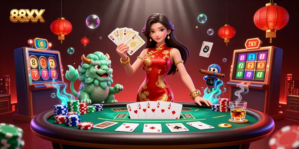Engage with 88XX's vibrant casino atmosphere featuring a woman in a qipao and poker table.