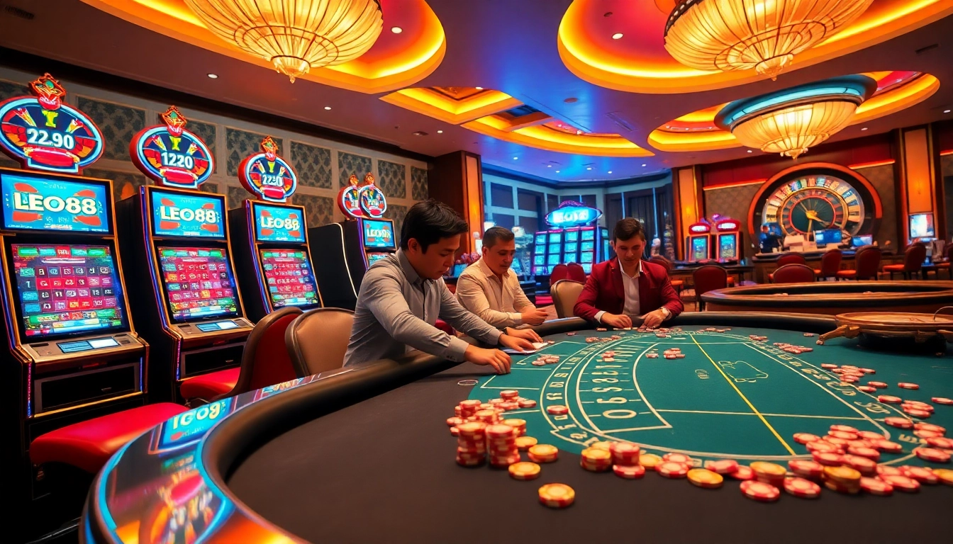Experience thrilling games and high rewards at LEO88 Casino with vibrant slot machines and excited players.