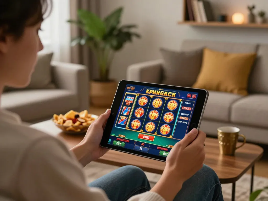 Engaging online casino experience at home using link may88 on a tablet with vibrant game display.