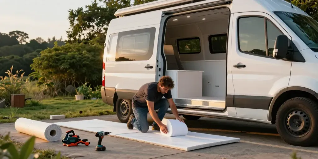 Craftsman working on van conversion electrics at sunset, rokok88 super.