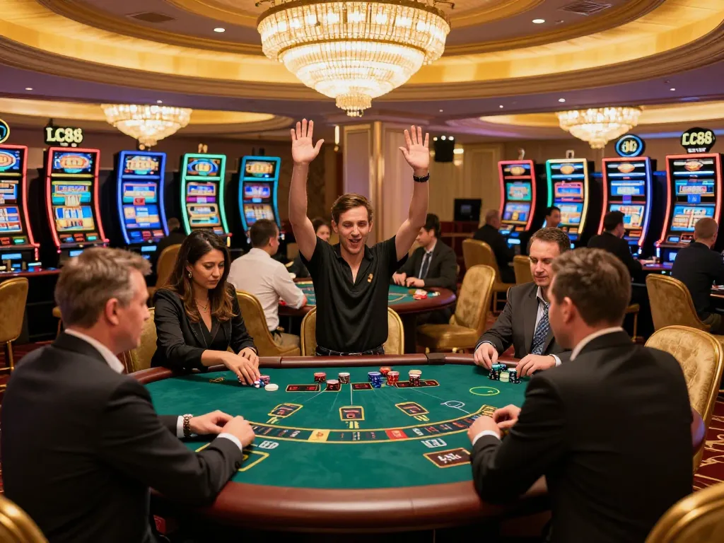 LC88 players celebrating a win at an elegant blackjack table in a thriving casino atmosphere.
