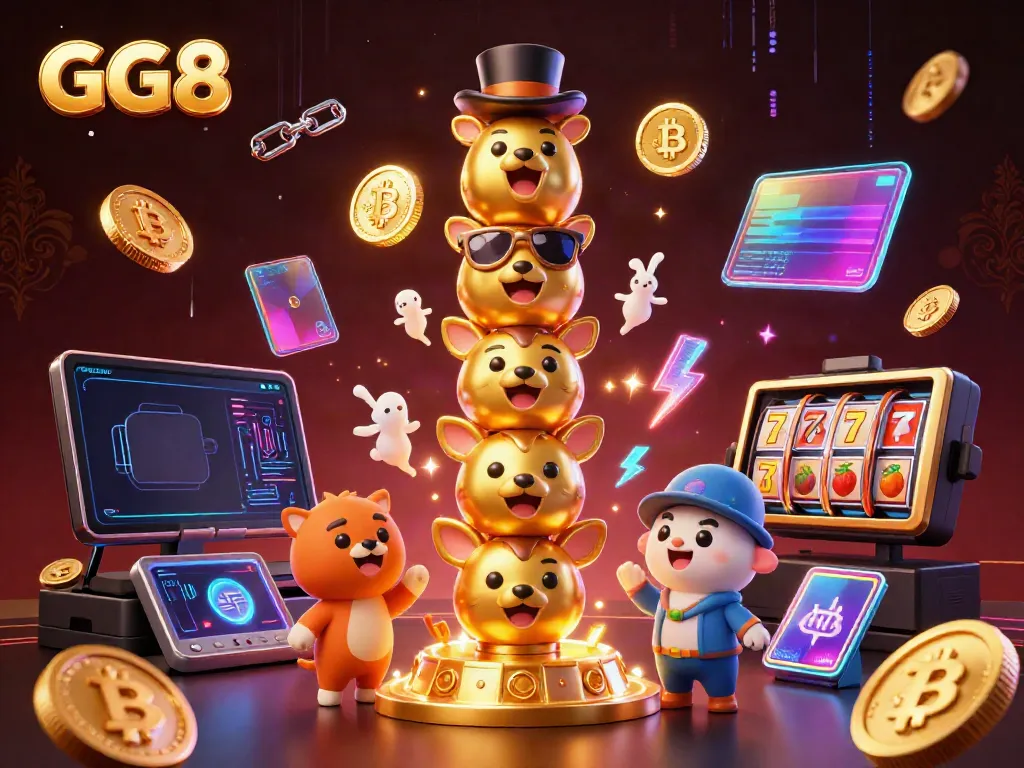 Spin for winnings with GG8 at a lively digital casino scene featuring vibrant 3D elements.