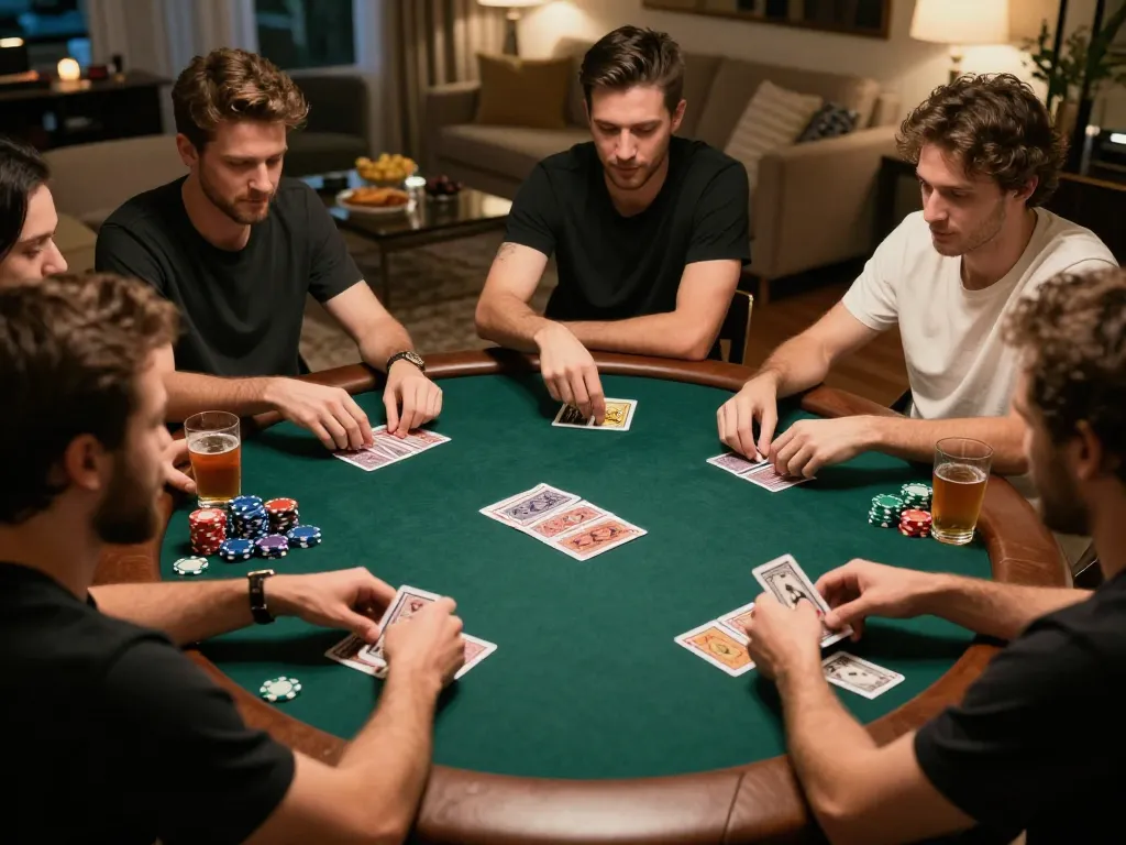 KONG88 poker night with friends featuring hands with cards and stacked chips creating a lively atmosphere