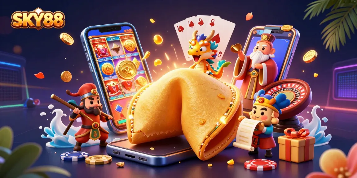 Bet and win big with SKY88 at this vibrant online casino scene featuring a lucky dragon and golden fortune elements.