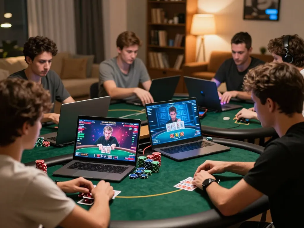 Players engage in online poker on LODE88 with digital poker tables and vibrant screens.