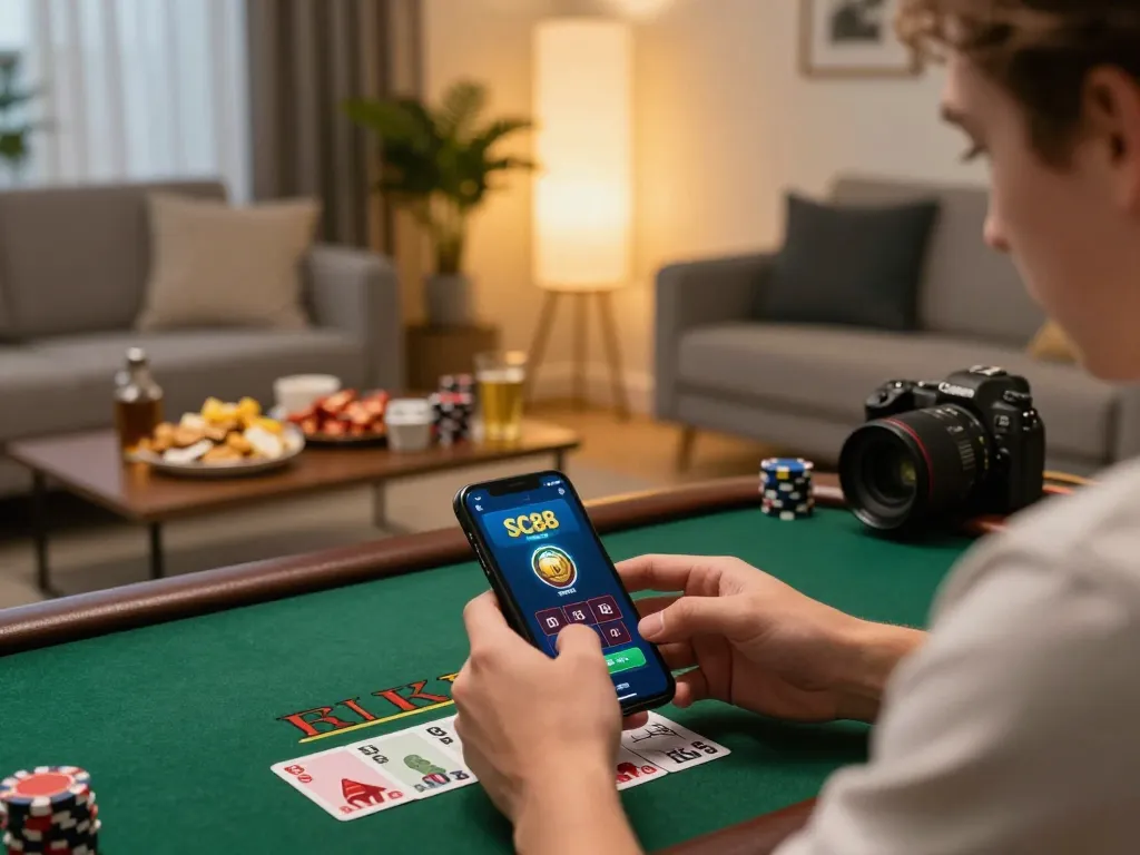 Player enjoying SC88 BET while playing blackjack on a smartphone in a cozy home setting