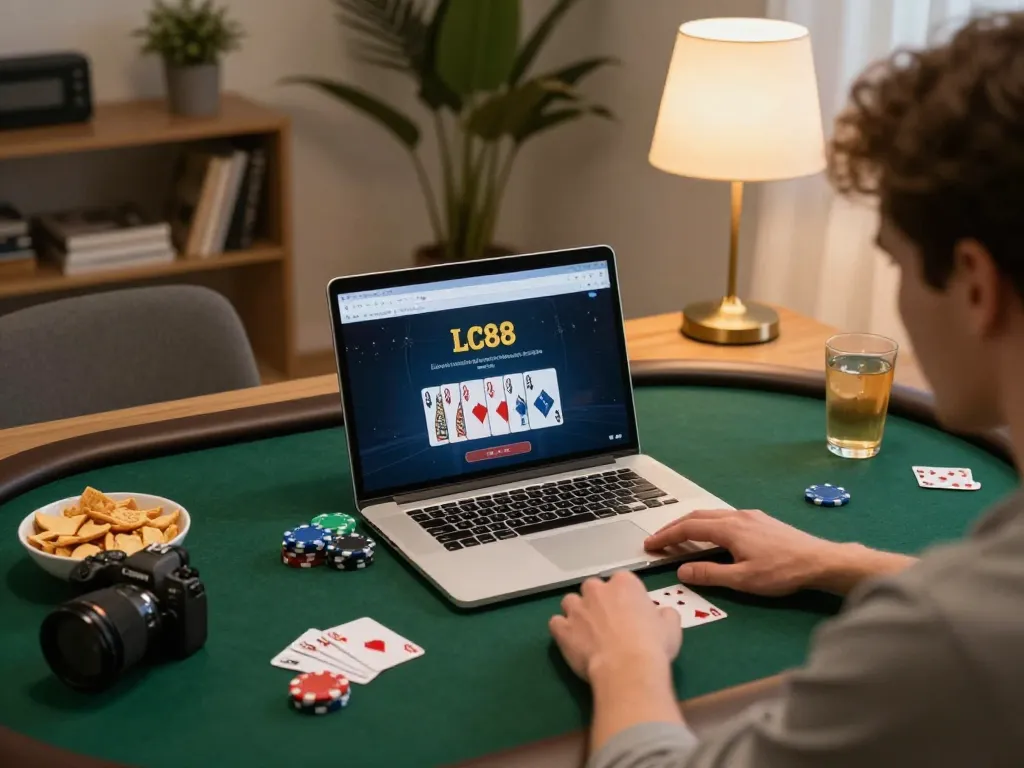 Engaging home poker scene featuring an active player utilizing the LC88 link for online gaming.