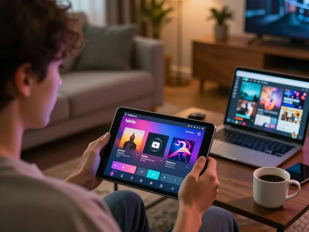 Engaged in tubidy mp3 app gameplay on a tablet in a cozy setting