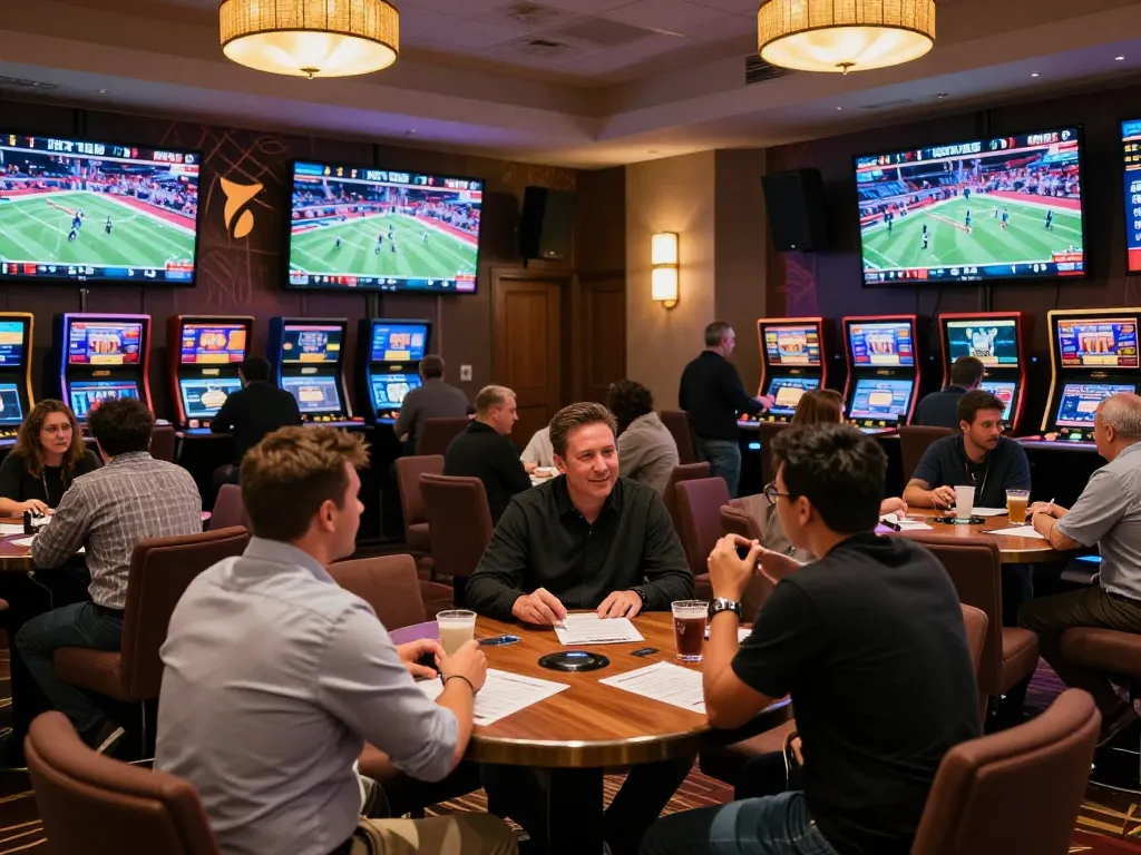 Engaging sports bettors placing bets at HITCLUB sportsbook, excitement filling the air.