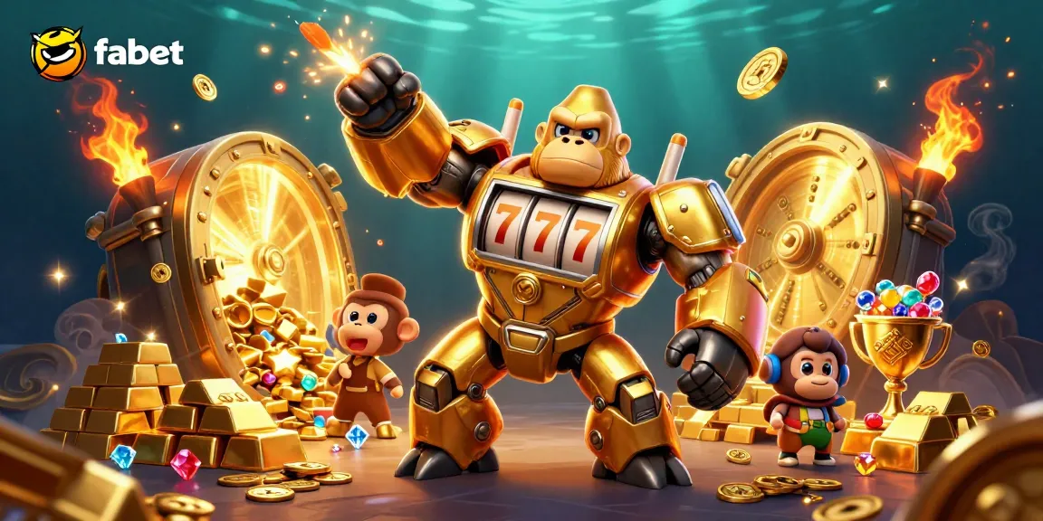 Experience exhilarating wins at fabet with the dynamic golden gorilla mech amidst gold treasure and jackpots.