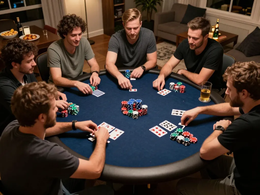 Engaging poker game at home illustrating excitement on trang chủ tt88 platform with players and cards.