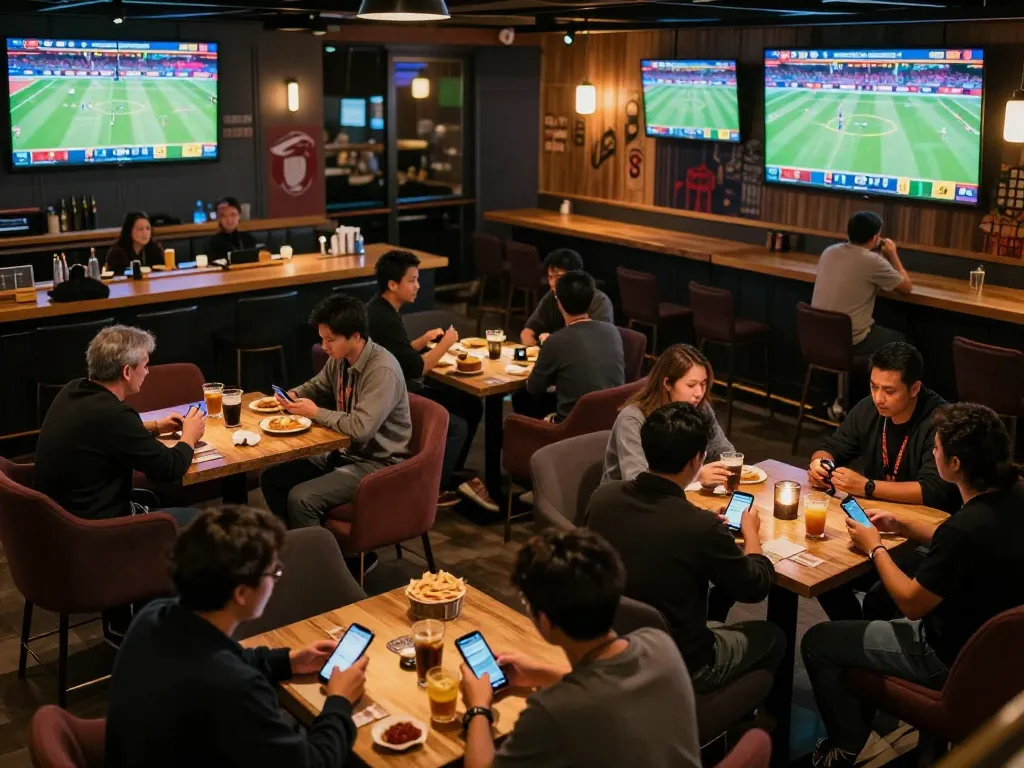 Five88 patrons engaged in live sports betting at a modern sports bar with large screens.