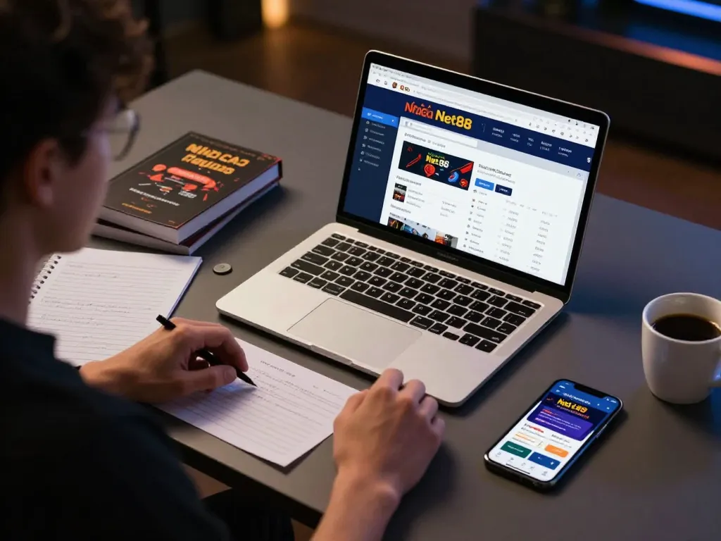 Engaging with the nhà cái Net88 online platform on a stylish gaming setup with strategic notes.