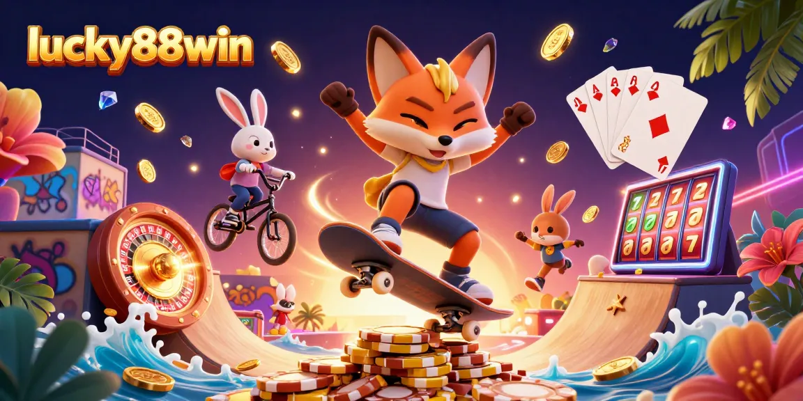 Experience thrilling gameplay at lucky88win with vibrant 3D casino illustration showcasing dynamic characters and exciting game elements.