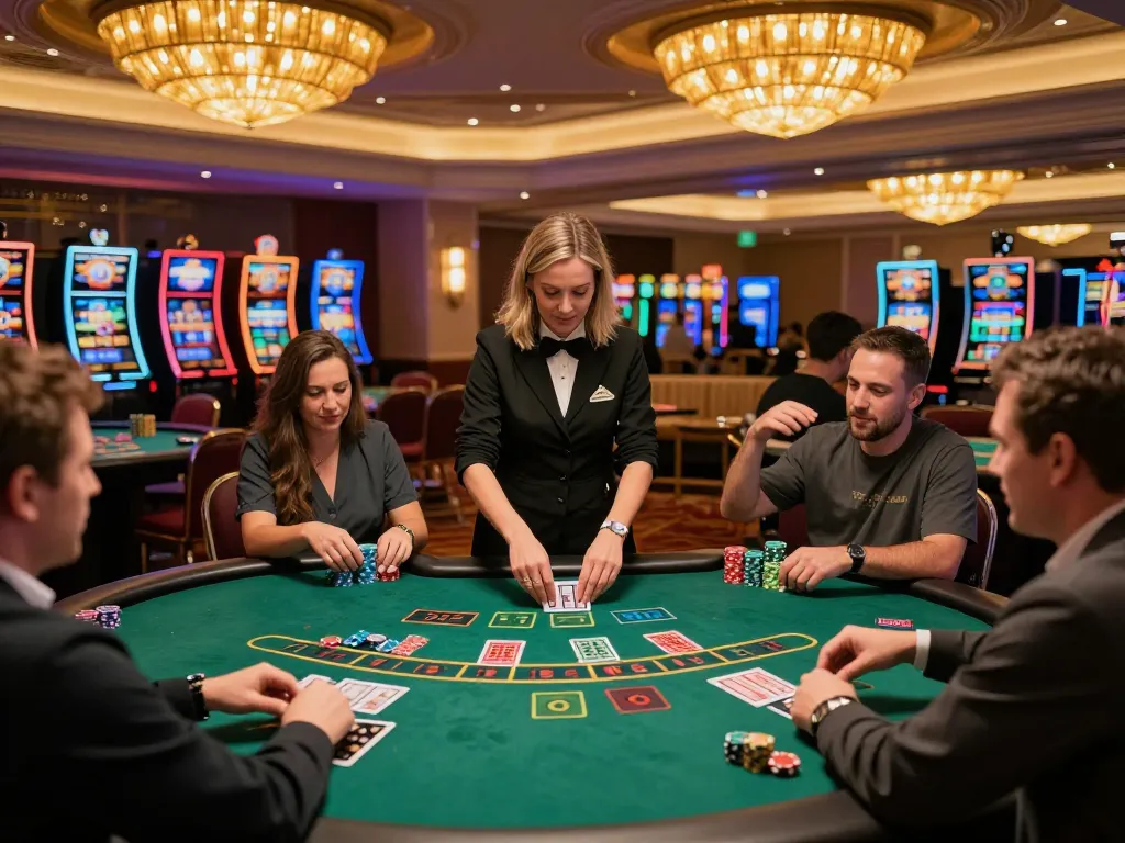 SKY88 players engaged in thrilling blackjack game, vibrant casino atmosphere with dealer in action