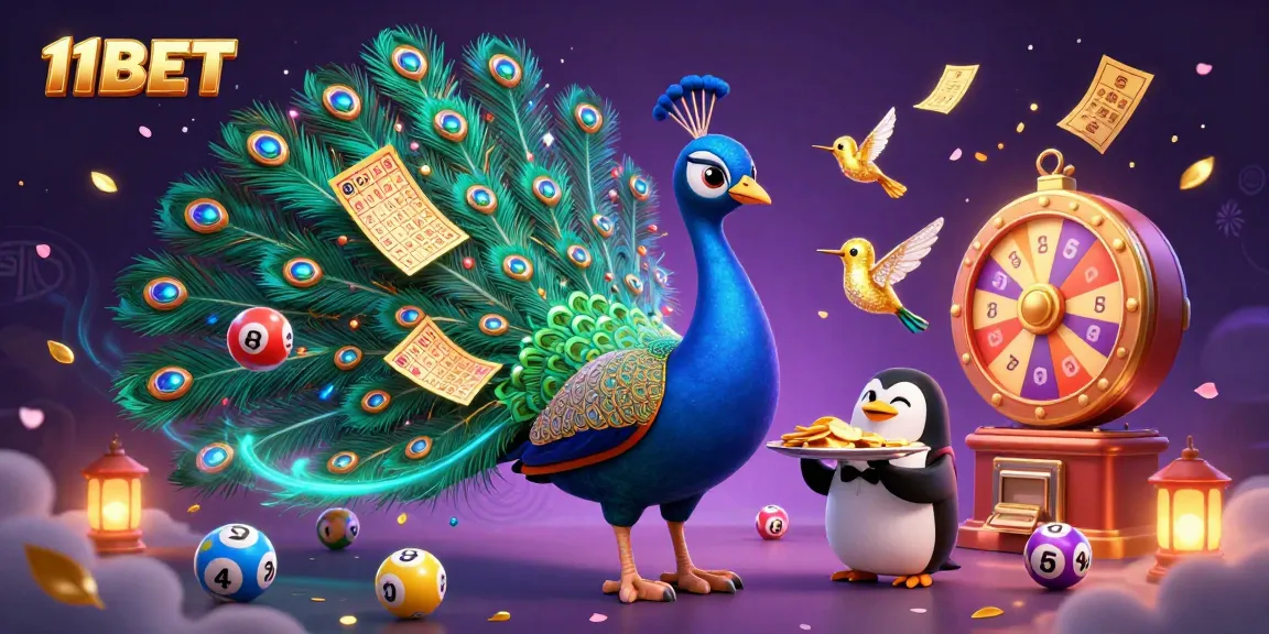 11BET showcases a vibrant casino scene with colorful lottery elements and charming characters.