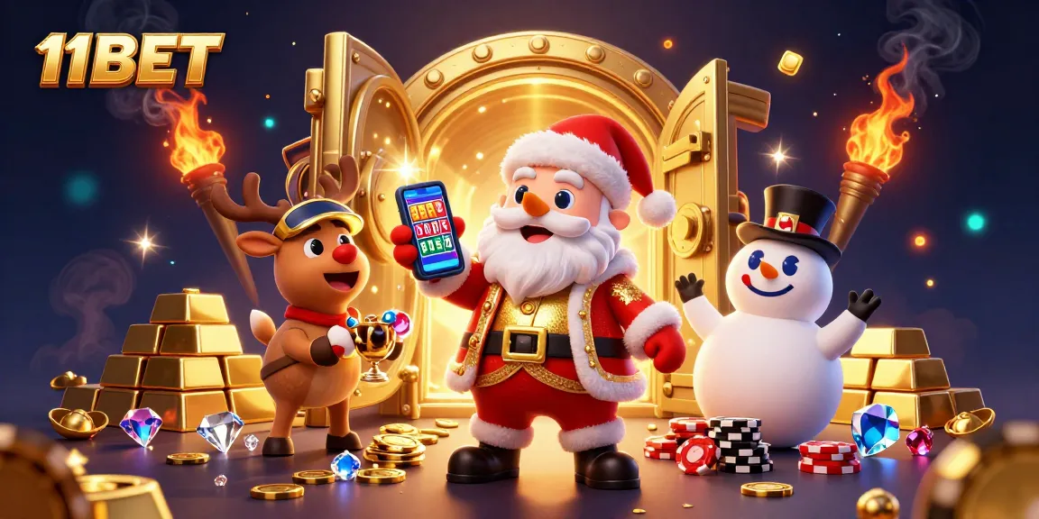 Experience thrilling jackpots at 11BET with Santa's casino adventure surrounded by treasures.