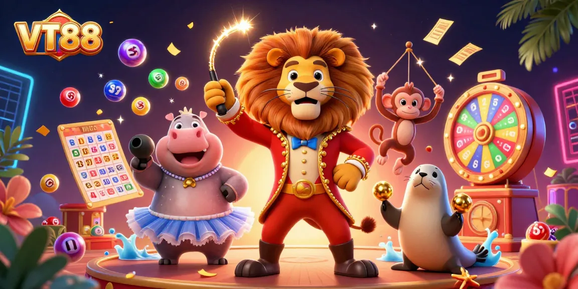 Engage with captivating VT88 themed lottery action in a vibrant 3D circus scene.