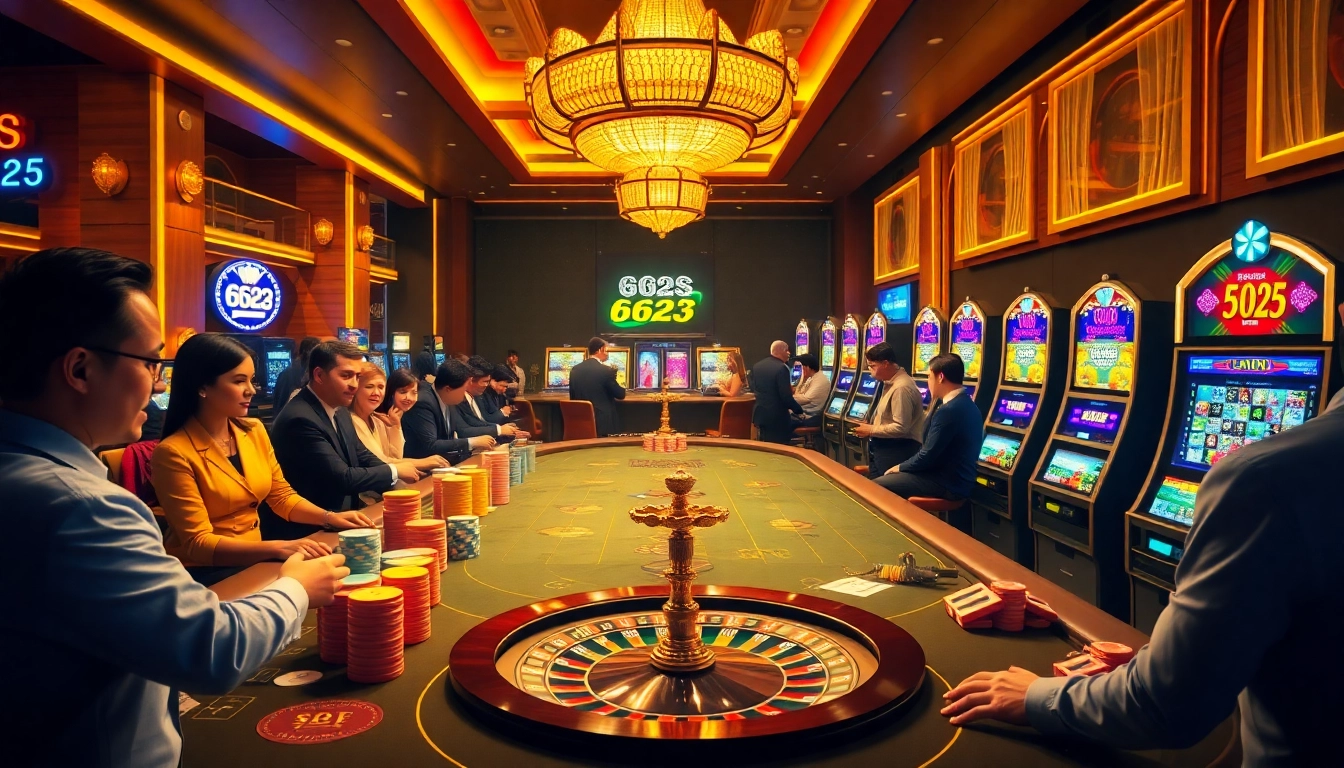 Players enjoying a thrilling game at 6623 casino, showcasing vibrant tables and slot machines.