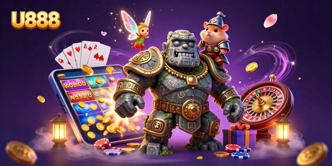 Experience the magic of U888 with a golem, fairy, and hamster knight in an exciting casino scene.