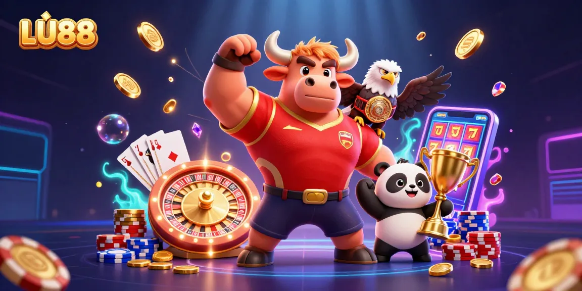 LU88 showcases a victorious mascot and characters celebrating with casino symbols and treasures.
