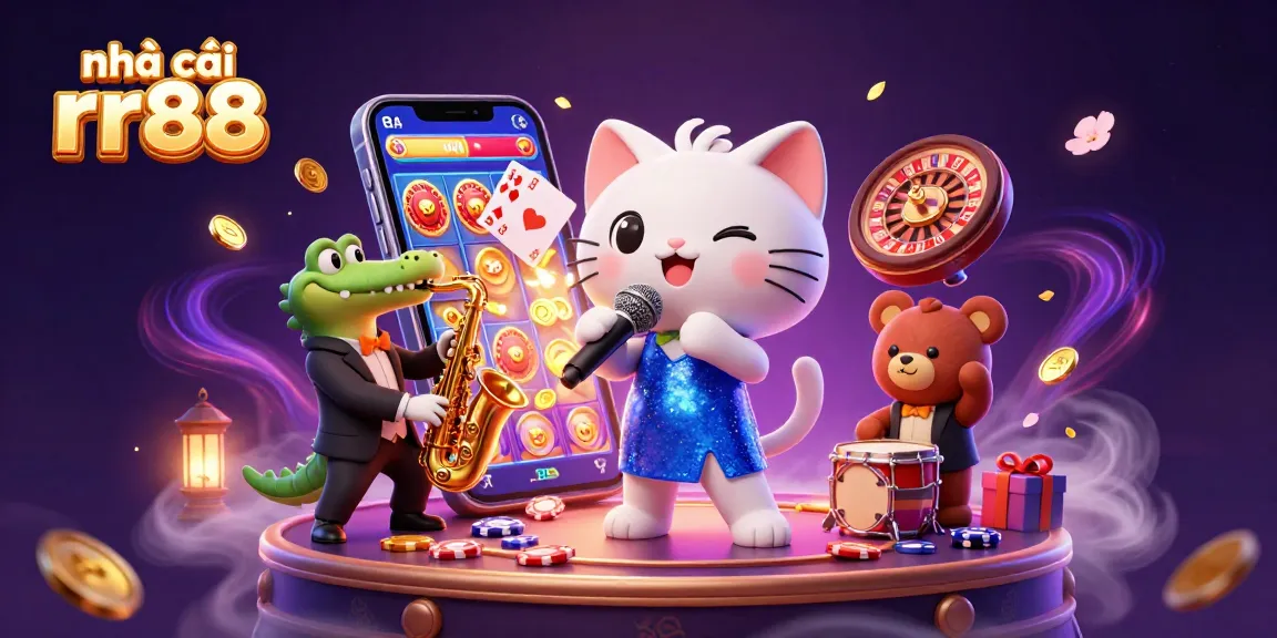 Engage with nhà cái rr88's vibrant world of gaming, featuring a jazz-singer cat on stage among dynamic casino elements.