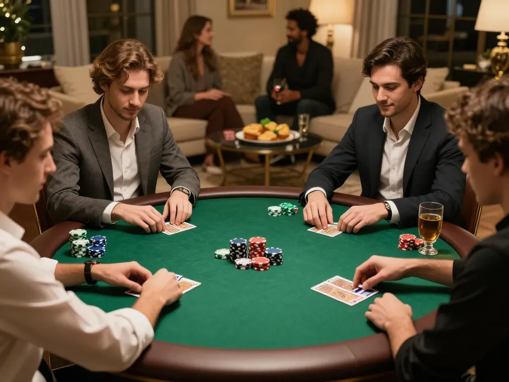 SKY88 players enjoying a friendly poker night with strategic card play and vibrant atmosphere