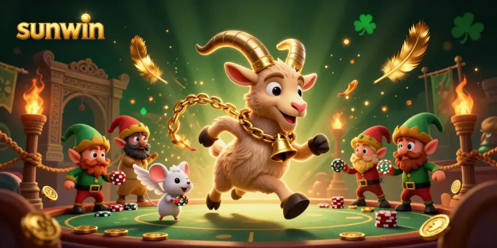 Experience the thrill of play at the Sunwin casino with a whimsical 3D scene featuring dynamic characters and exciting game elements.