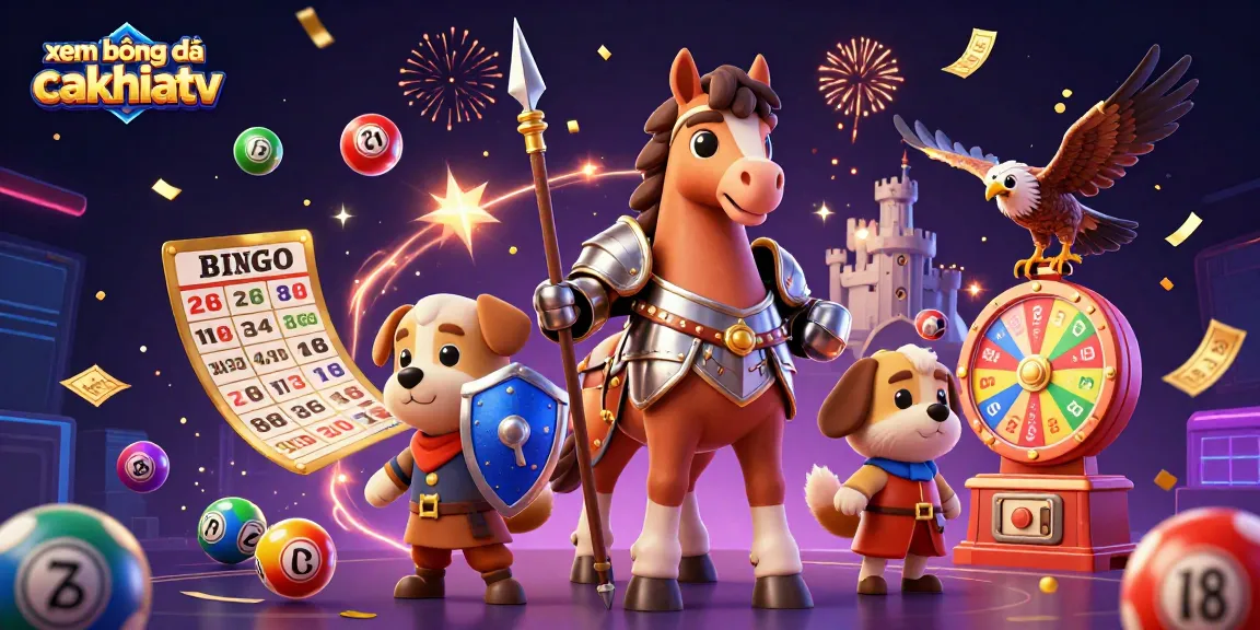 Xem bóng đá cakhiatv showcases a dynamic 3D illustration of a knight, puppy, and falcon amidst vibrant lottery elements.