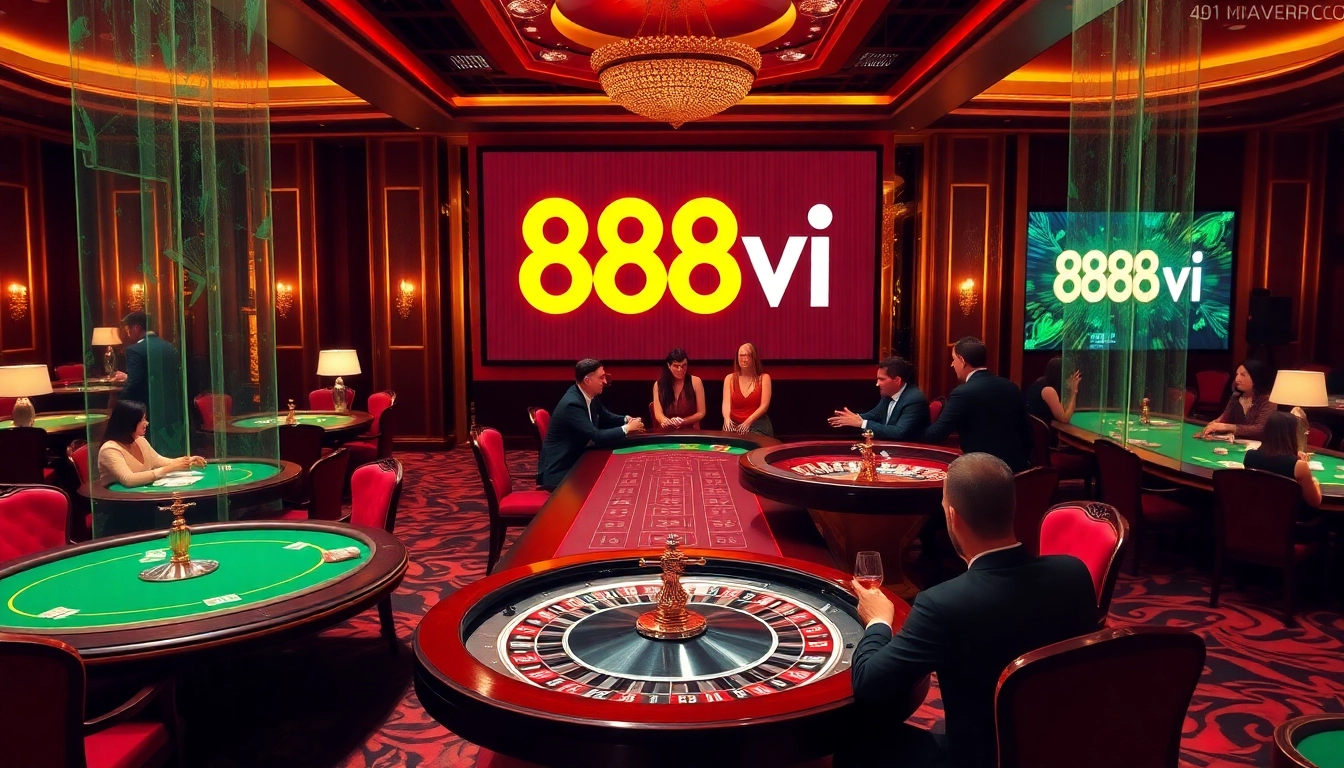 Experience the thrill of 888vi at a luxurious casino table filled with cards and roulette wheels.