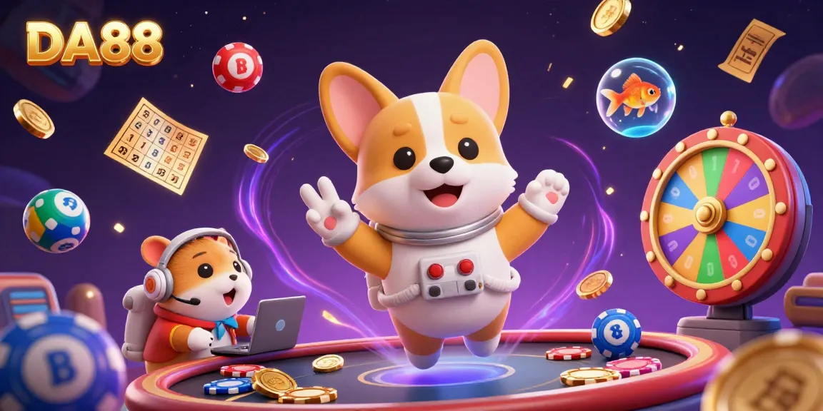 Experience the thrill of DA88 with floating poker chips and vibrant lottery elements in a captivating casino scene.