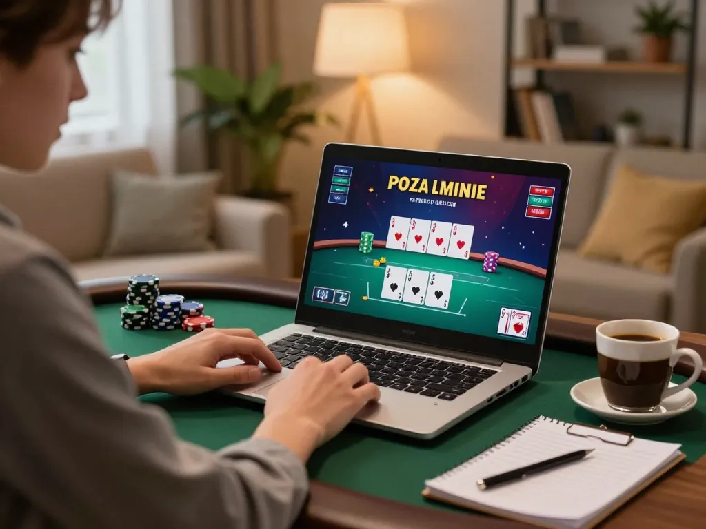 Player engaging in strategic poker gameplay on lc88 gaming platform at home with a cozy atmosphere.