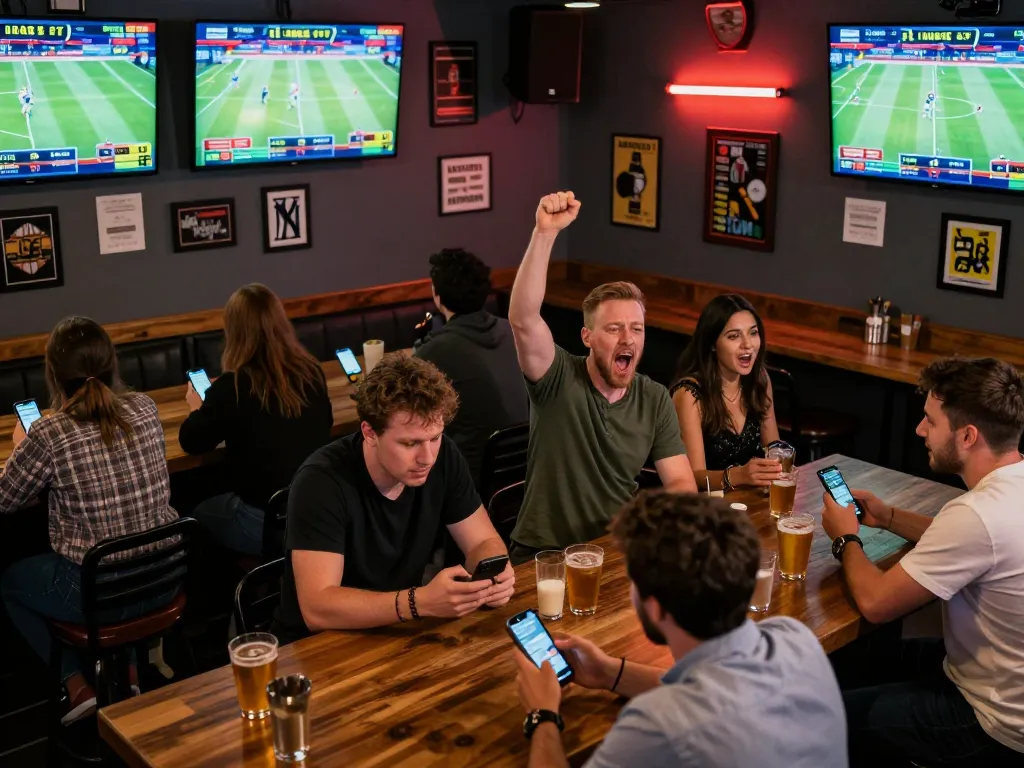 FIVE88 bettors placing wagers on live sports events in a vibrant social setting with friends.