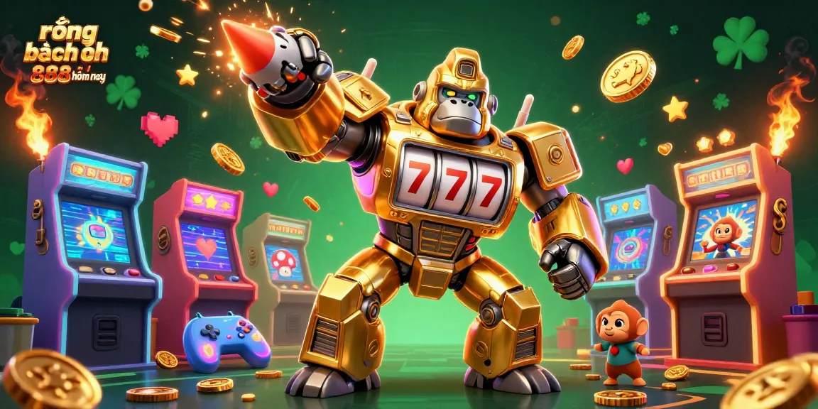 rồng bạch kim 888 hôm nay showcases a golden gorilla mech surrounded by dynamic gambling elements