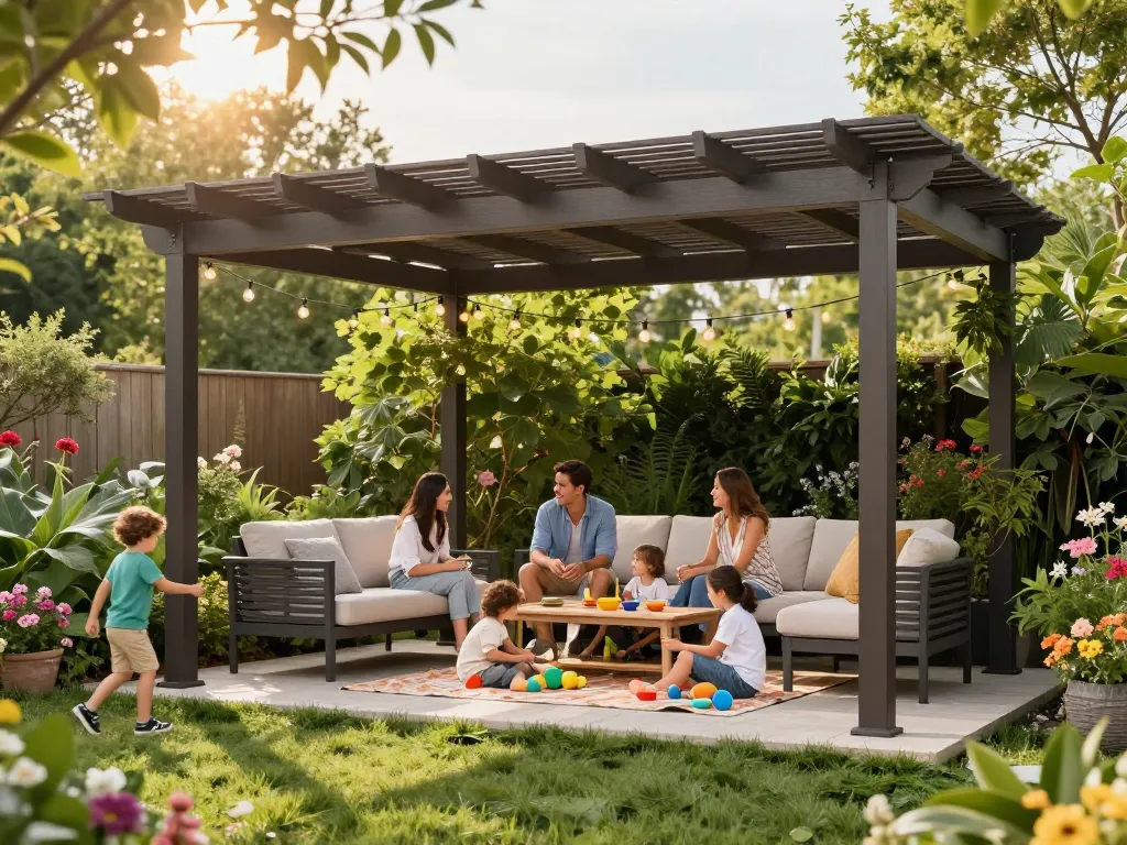 Family enjoying a summer day under a customizable pergola configurator in a lush garden setting.