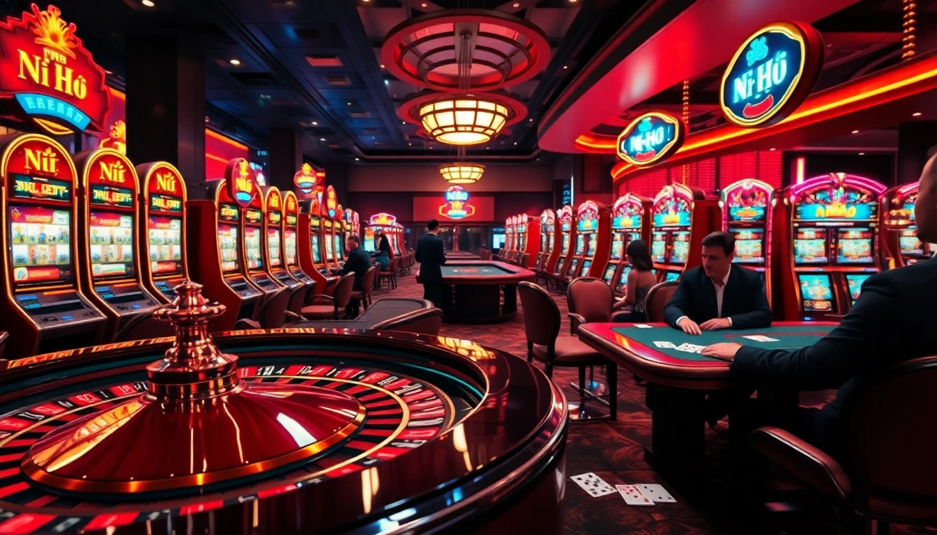 Experience the thrill of Nổ Hũ as gamblers engage with vibrant slot machines.