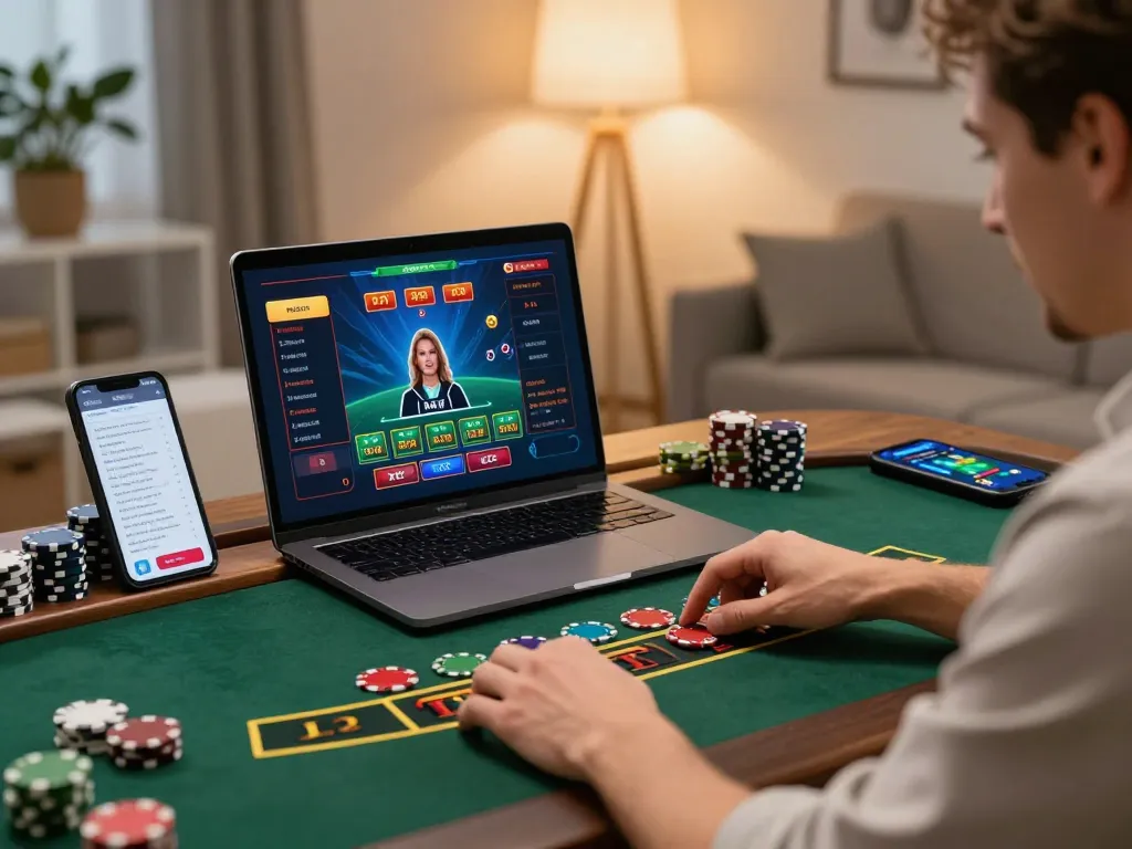 Player engaging with DEBET online blackjack on laptop, showcasing strategic betting actions