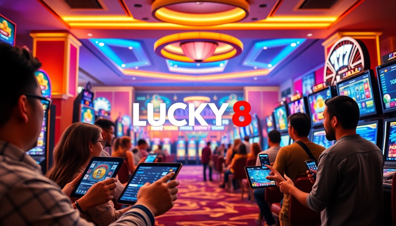 LUCKY8 online gaming interface featuring diverse players enjoying slots and sports betting.