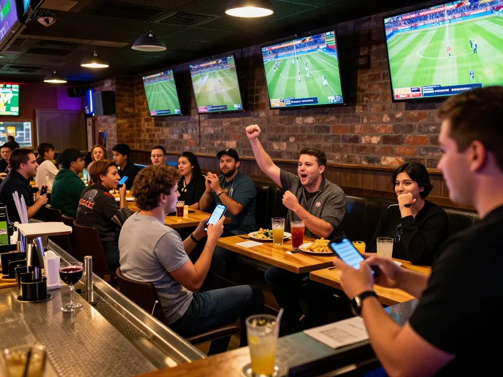 SIN88 sports betting excitement with patrons cheering on live events and mobile apps in action