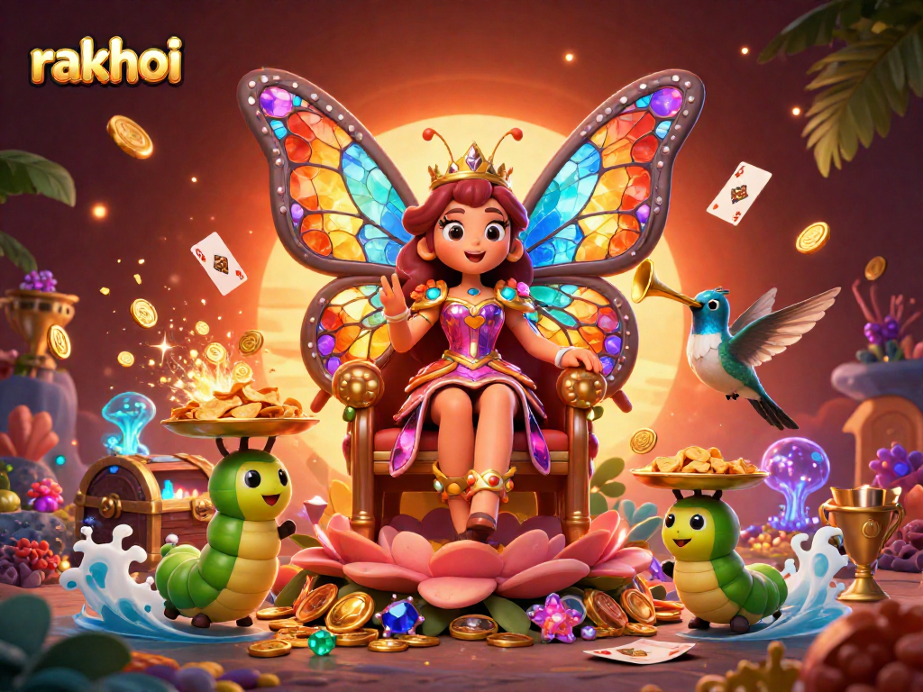 Engage with rakhoi's vibrant sports betting themed 3D illustration showcasing a butterfly queen and dynamic gaming elements.