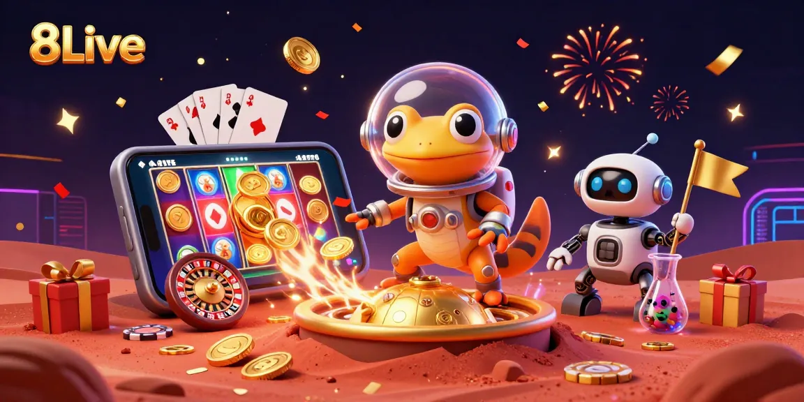 Play exciting games at 8Live's vibrant casino in a captivating 3D illustration.