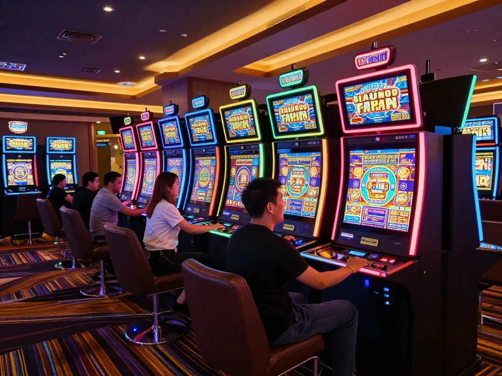 Players engaging with vibrant slot machines at HITCLUB, showcasing excitement in a lively casino atmosphere.
