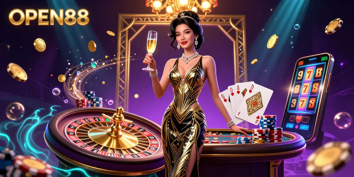 Experience thrilling gameplay at OPEN88, as a glamorous player celebrates with golden coins and vibrant game elements.