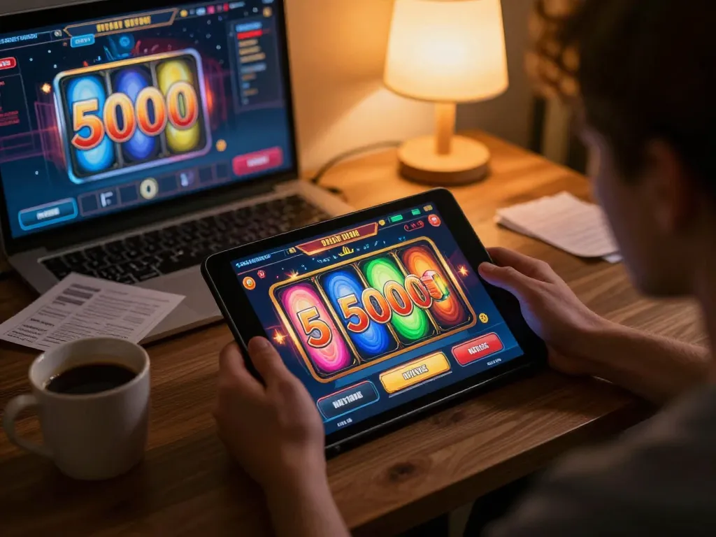 Engaging in slot deposit 5000 online gaming experience with colorful reels spinning on tablet.